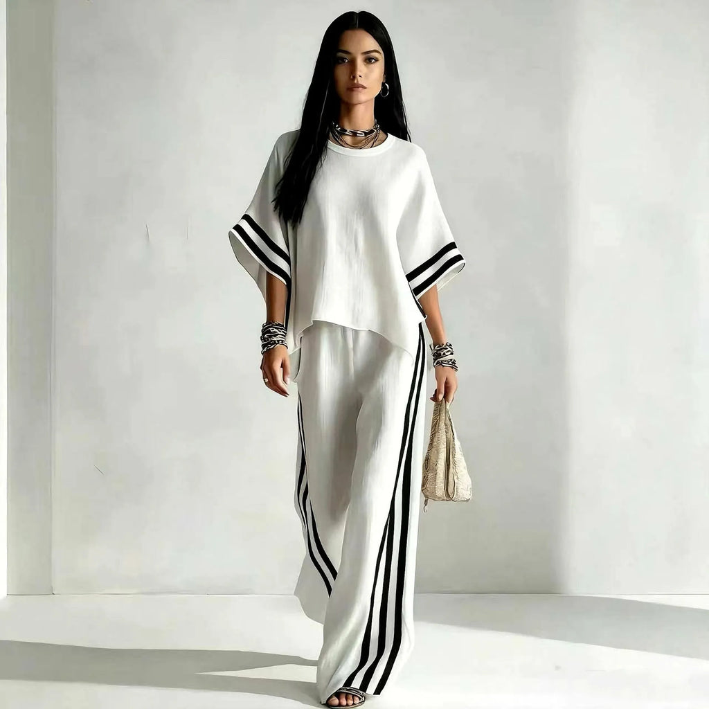 Women's Striped Spliced Hem Casual Wide Leg Pants Two-Piece Set