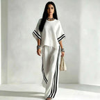 Women's Striped Spliced Hem Casual Wide Leg Pants Two-Piece Set