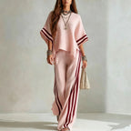 Women's Striped Spliced Hem Casual Wide Leg Pants Two-Piece Set
