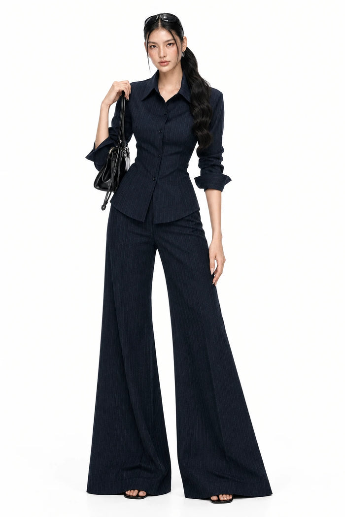 Women's Striped Waist-Cinching Shirt and Flared Pants Set