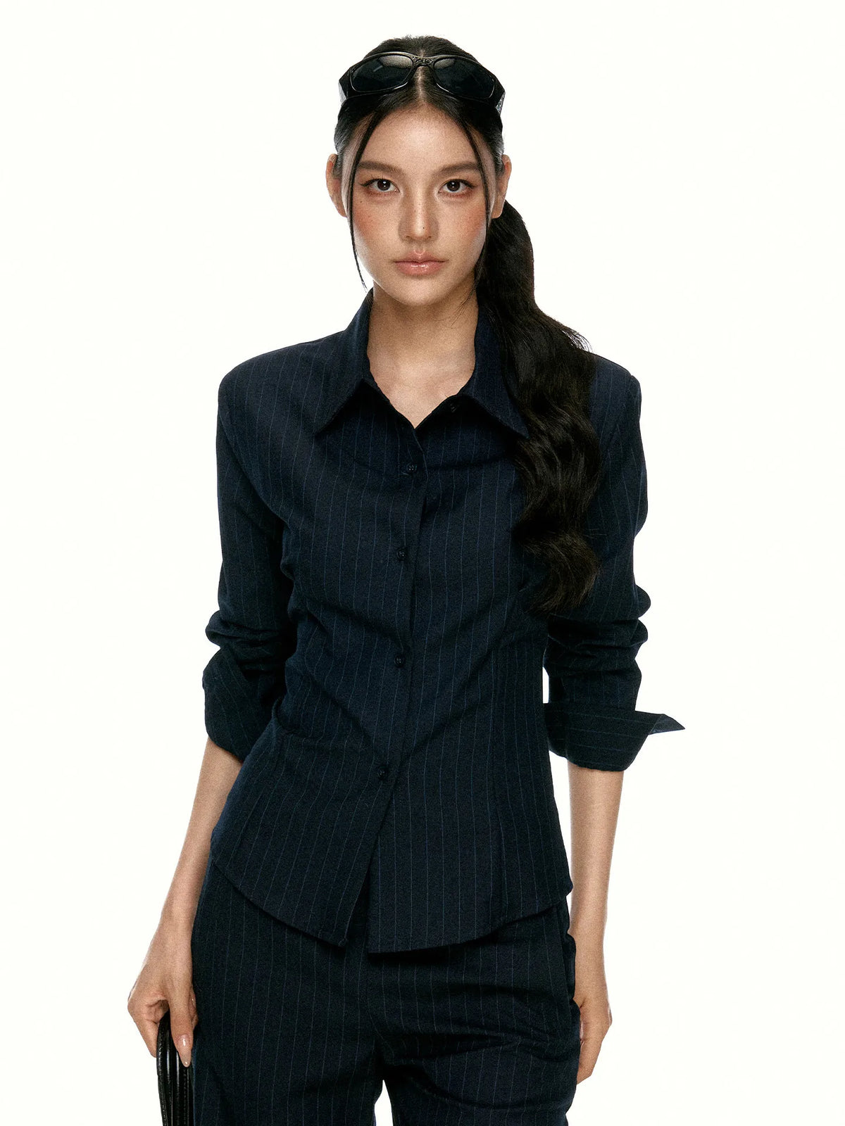 Women's Striped Waist-Cinching Shirt and Flared Pants Set