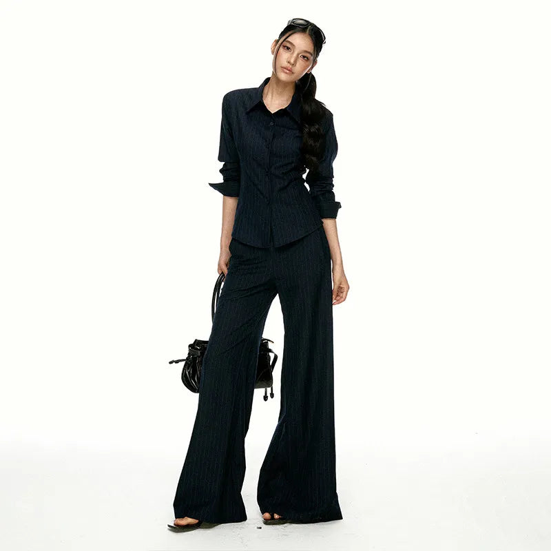 Women's Striped Waist-Cinching Shirt and Flared Pants Set