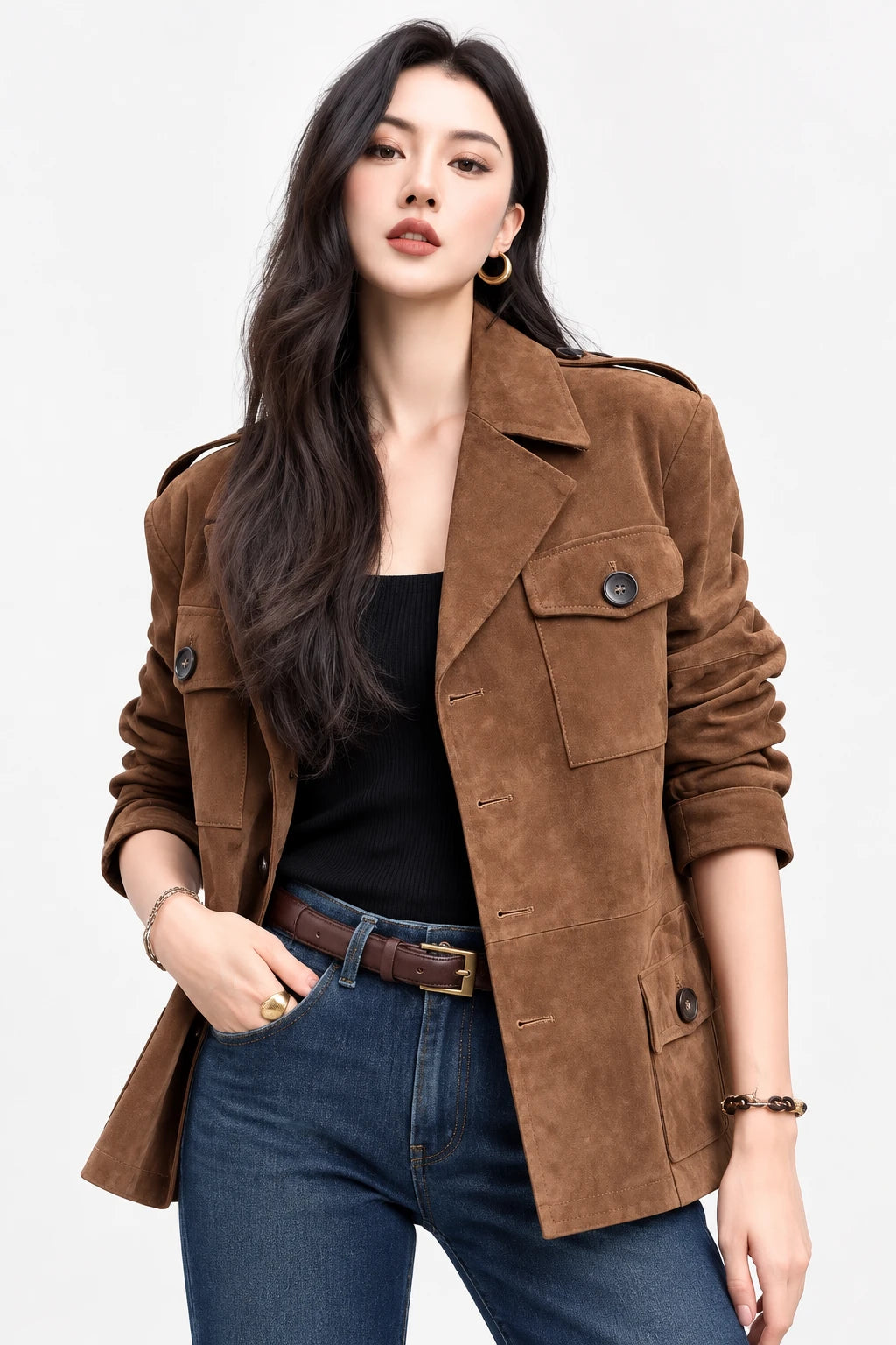 Women's Suede Lapel Collar Long Sleeve Workwear Jacket