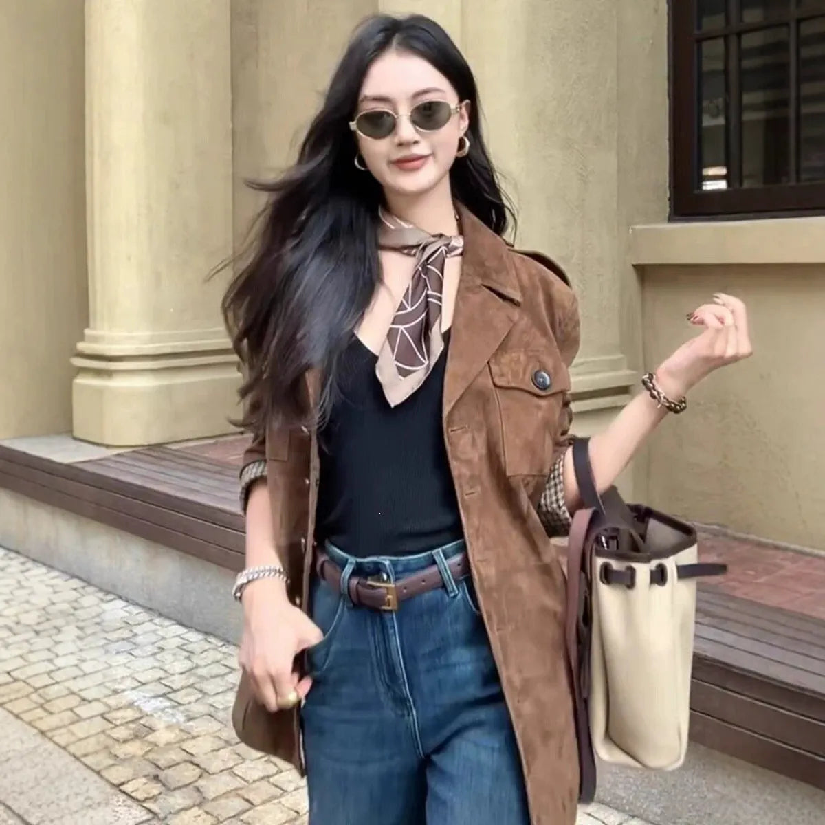 Women's Suede Lapel Collar Long Sleeve Workwear Jacket
