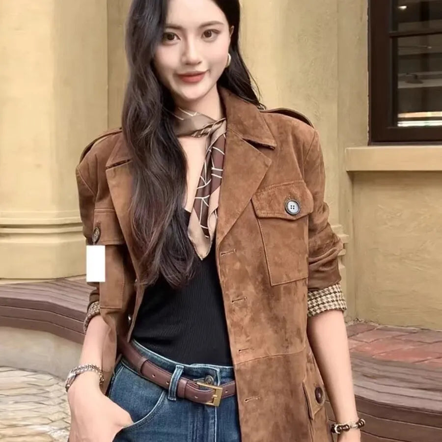 Women's Suede Lapel Collar Long Sleeve Workwear Jacket