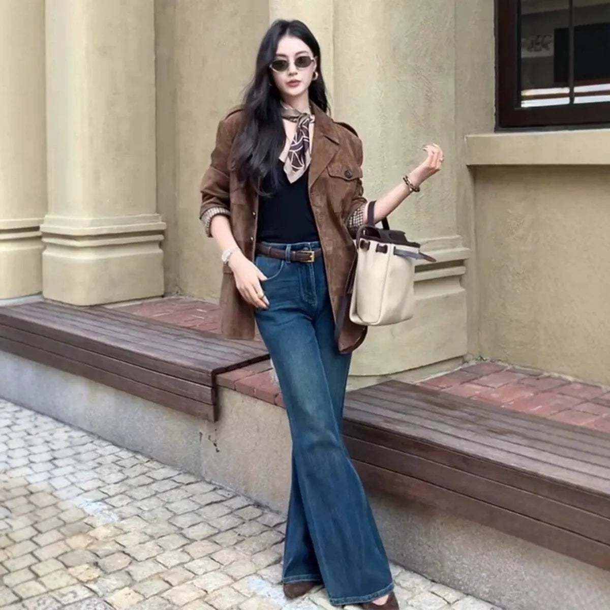 Women's Suede Lapel Collar Long Sleeve Workwear Jacket