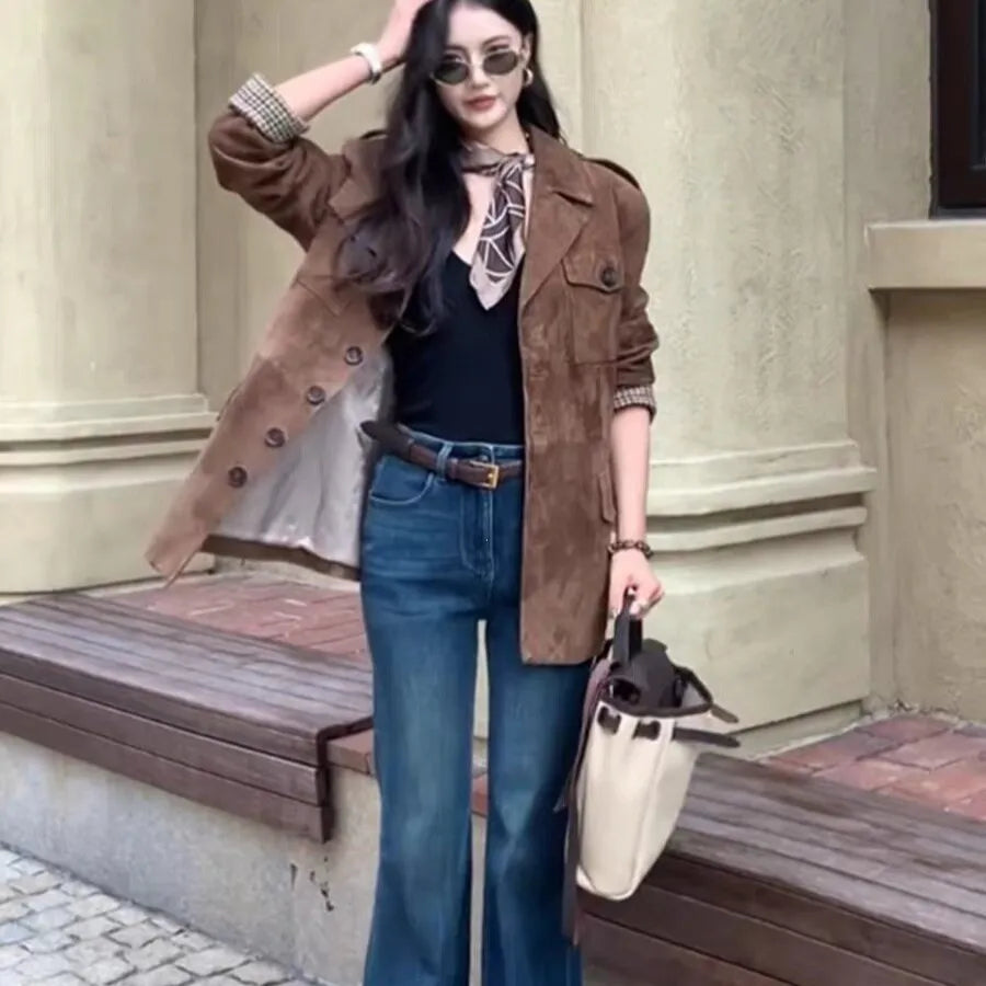 Women's Suede Lapel Collar Long Sleeve Workwear Jacket