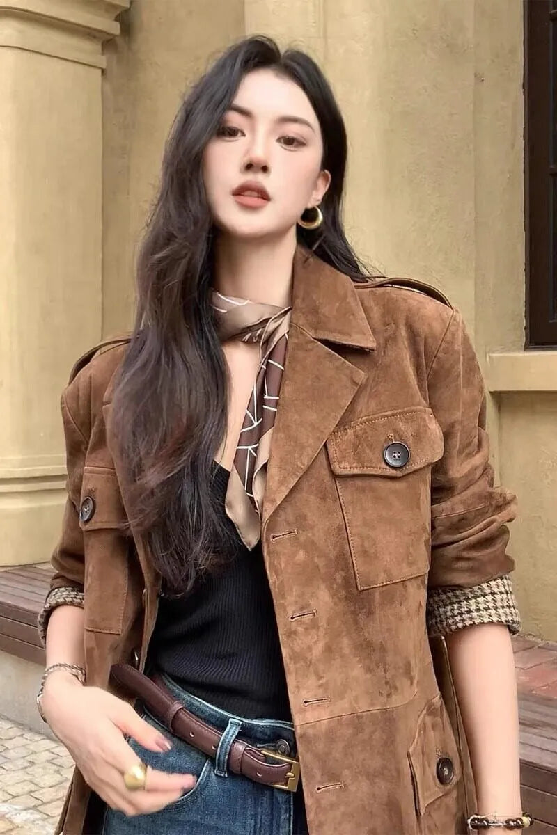 Women's Suede Lapel Collar Long Sleeve Workwear Jacket