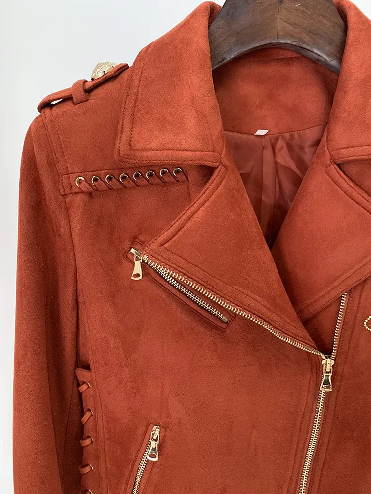 Women's Synthetic Suede Leather Motorcycle Biker Jacket