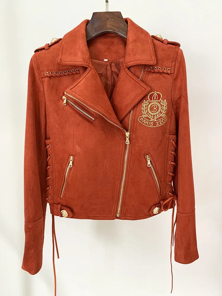 Women's Synthetic Suede Leather Motorcycle Biker Jacket