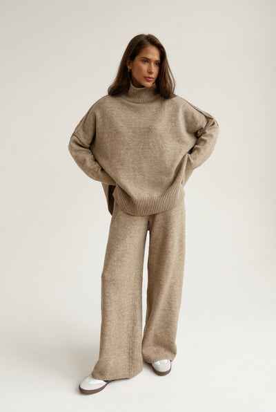 Women's Turtleneck Sweater Set | Loose Knit Wide-Leg Pants Two-Piece Outfit