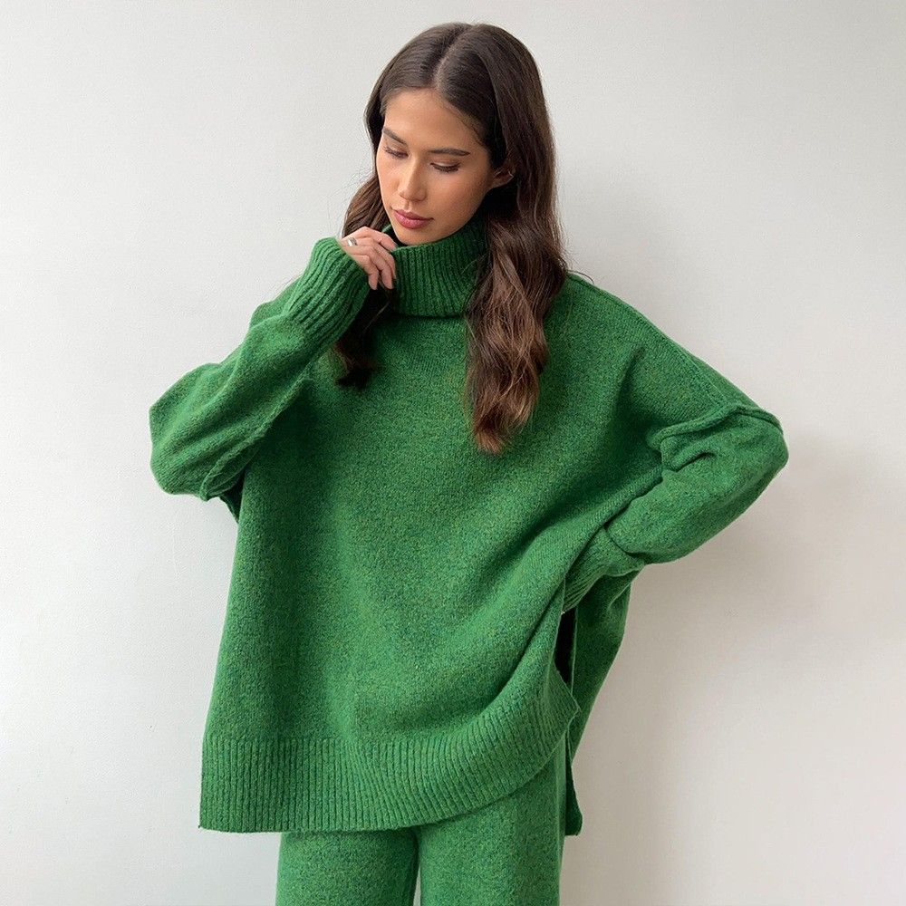 Women's Turtleneck Sweater Set | Loose Knit Wide-Leg Pants Two-Piece Outfit