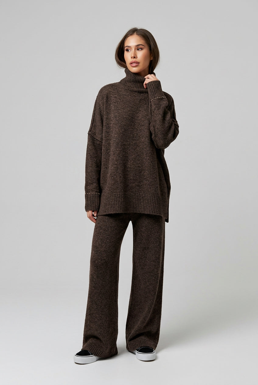 Women's Turtleneck Sweater Set | Loose Knit Wide-Leg Pants Two-Piece Outfit