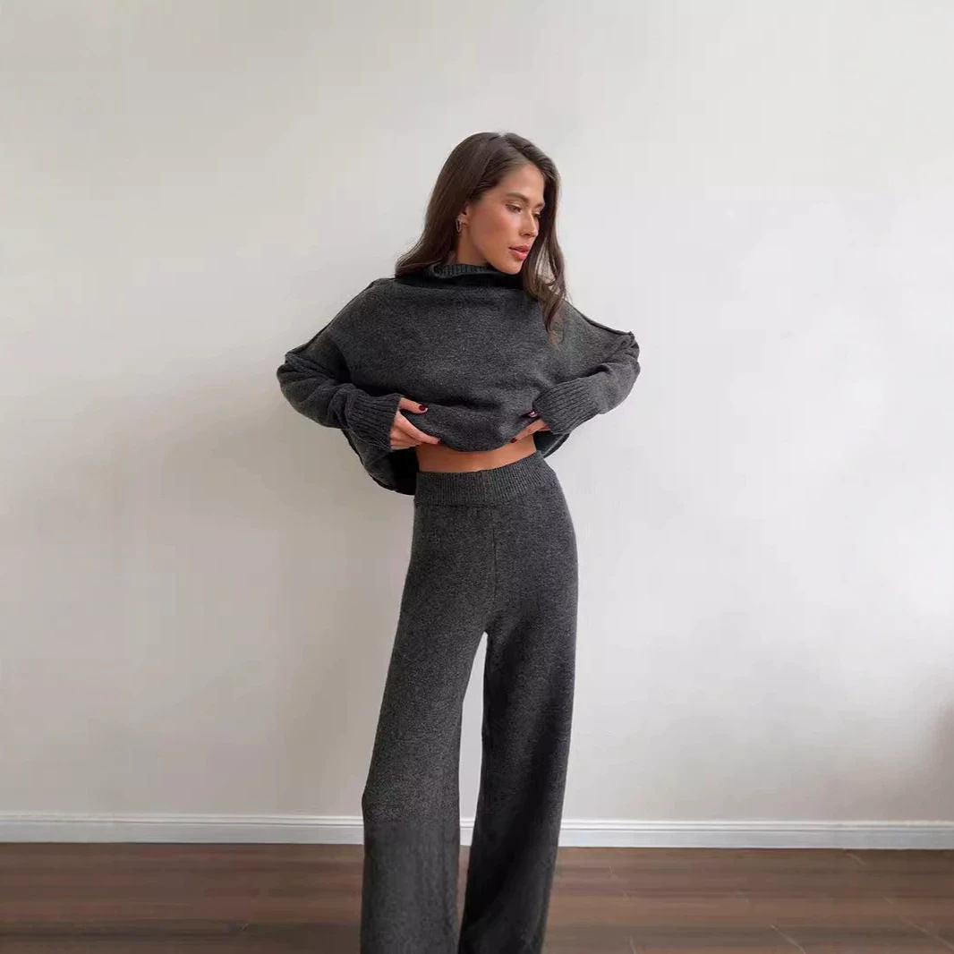 Women's Turtleneck Sweater Set | Loose Knit Wide-Leg Pants Two-Piece Outfit
