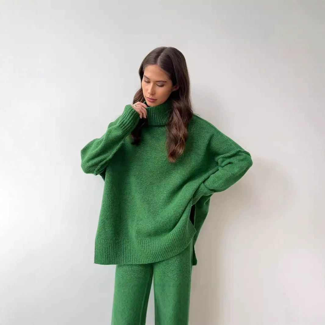 Women's Turtleneck Sweater Set | Loose Knit Wide-Leg Pants Two-Piece Outfit
