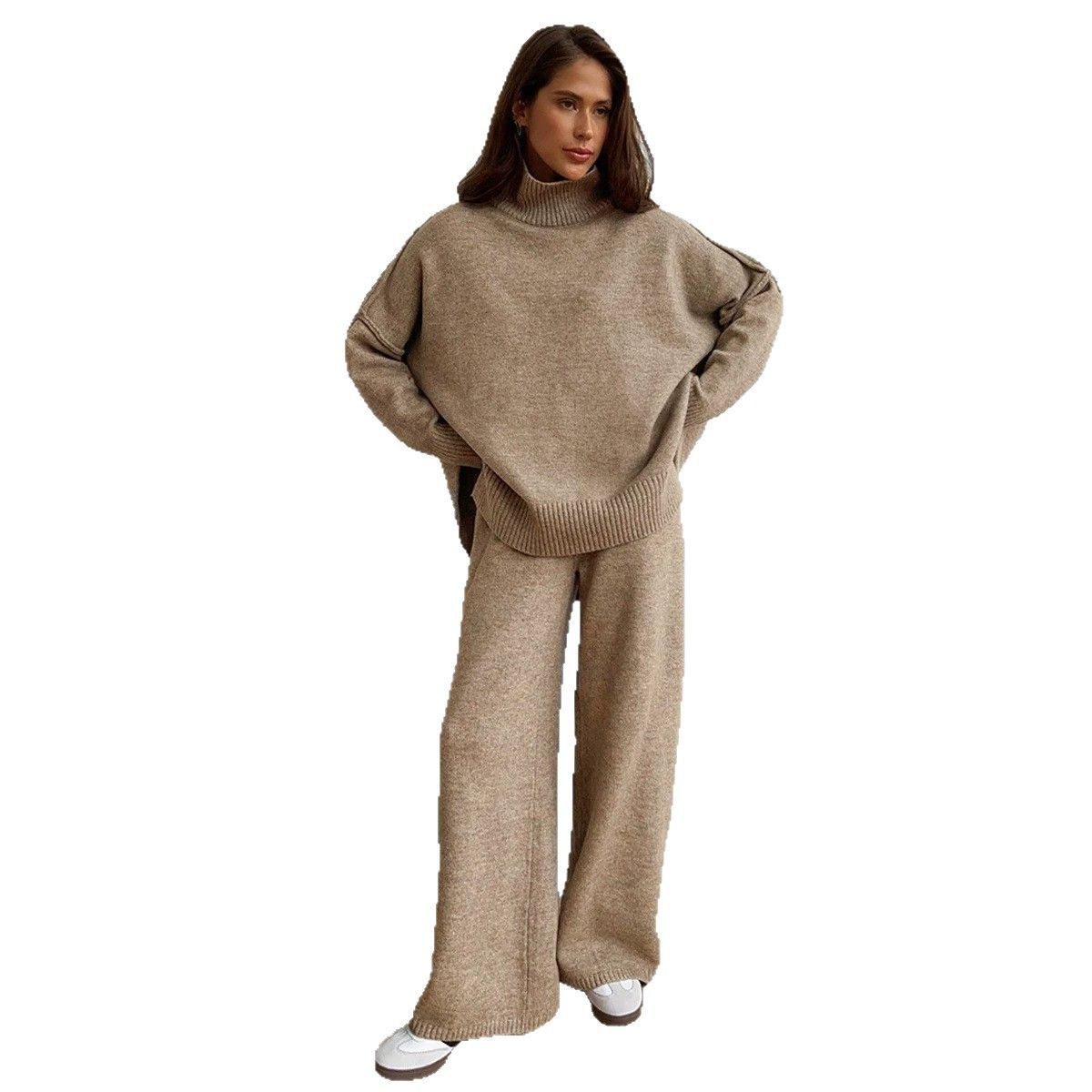 Women's Turtleneck Sweater Set | Loose Knit Wide-Leg Pants Two-Piece Outfit