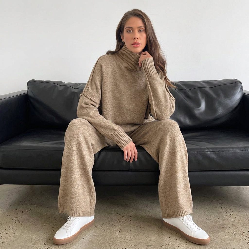 Women's Turtleneck Sweater Set | Loose Knit Wide-Leg Pants Two-Piece Outfit