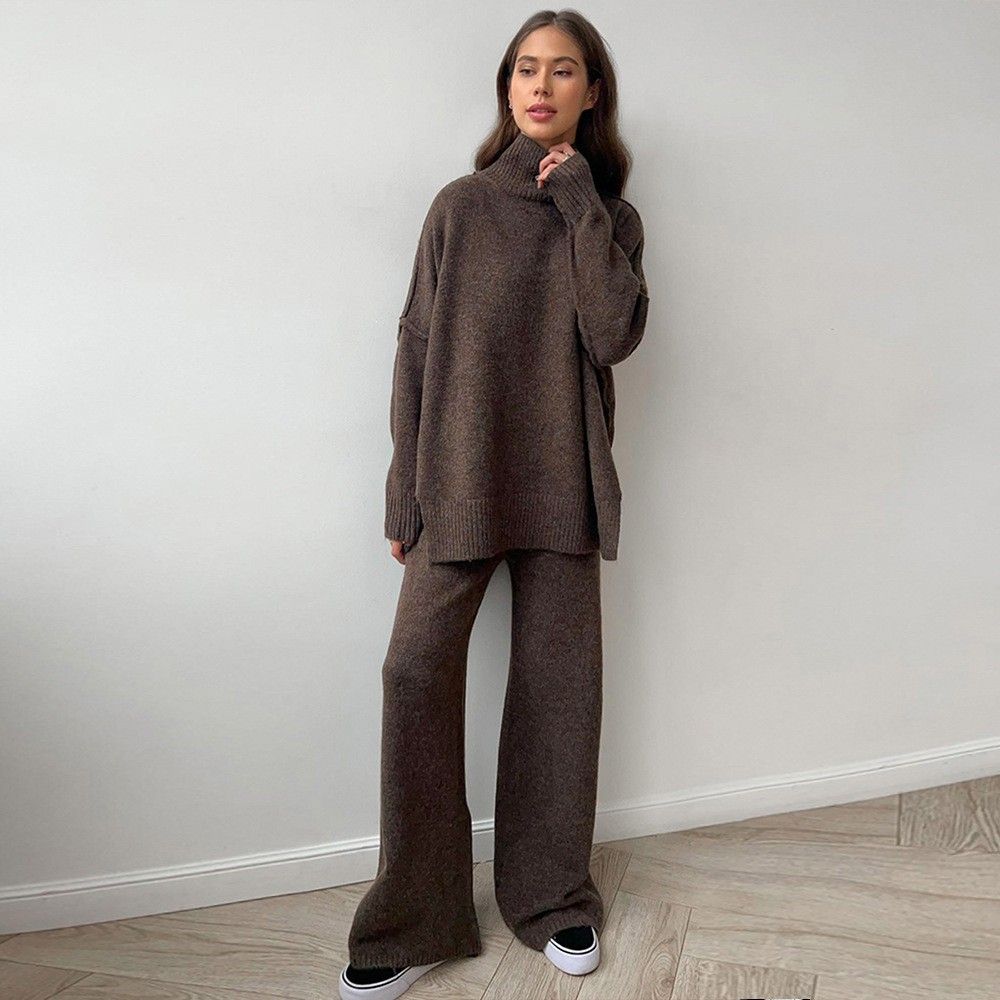 Women's Turtleneck Sweater Set | Loose Knit Wide-Leg Pants Two-Piece Outfit