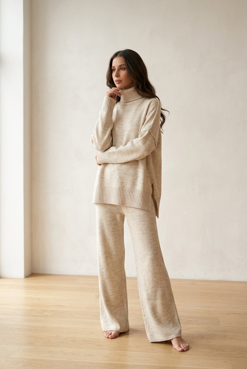 Women's Turtleneck Sweater Set | Loose Knit Wide-Leg Pants Two-Piece Outfit