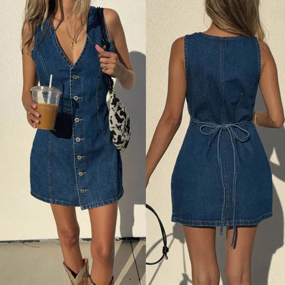 Women's V-Neck Sleeveless Button-Front Tie-Waist Denim Mini Dress