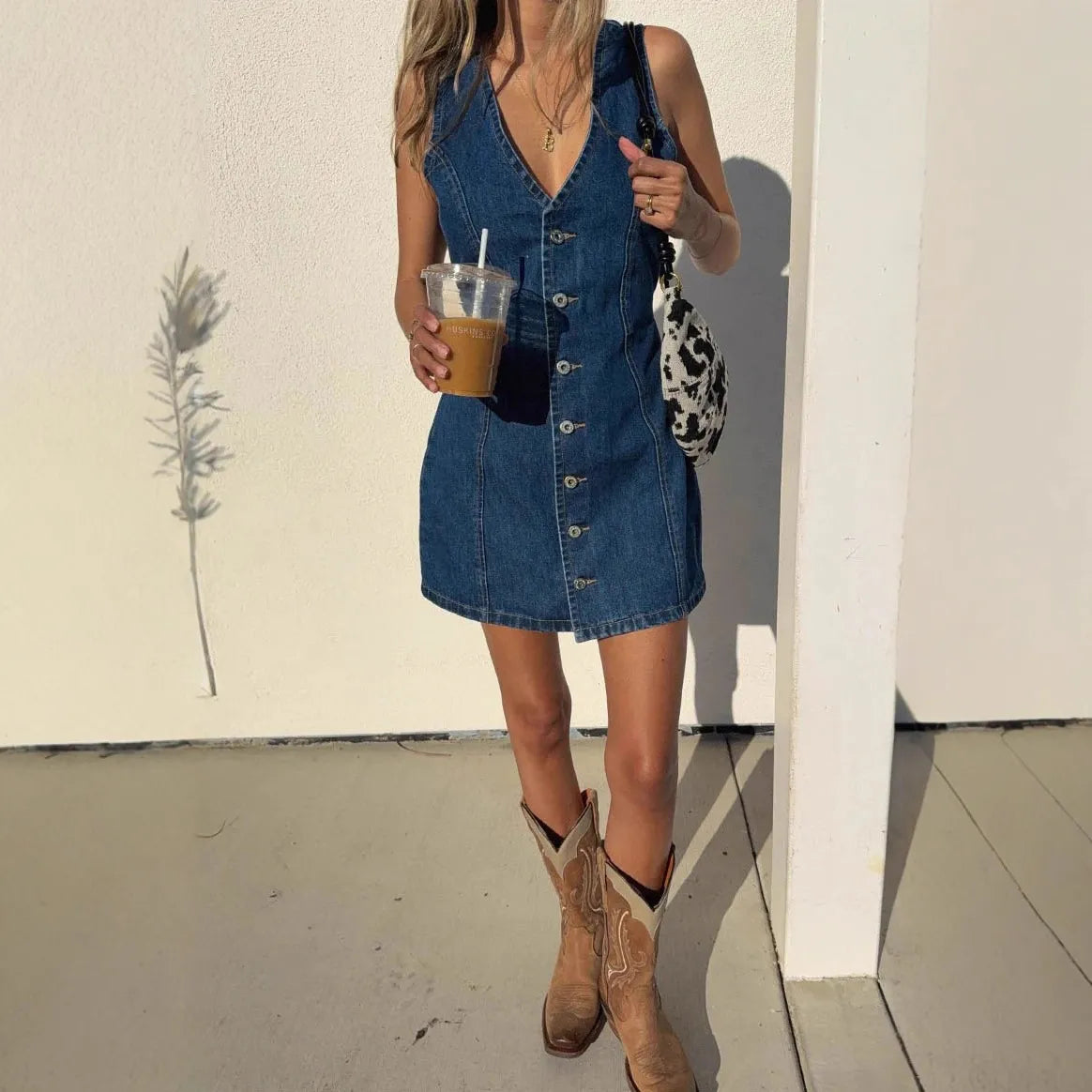 Women's V-Neck Sleeveless Button-Front Tie-Waist Denim Mini Dress