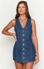Women's V-Neck Sleeveless Button-Front Tie-Waist Denim Mini Dress