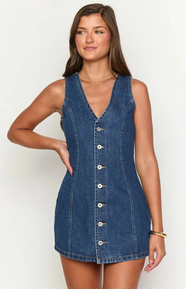 Women's V-Neck Sleeveless Button-Front Tie-Waist Denim Mini Dress
