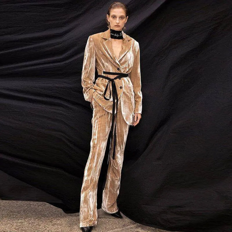Women's Velvet Belted Blazer Jacket And Trousers Two-Piece Suit Set