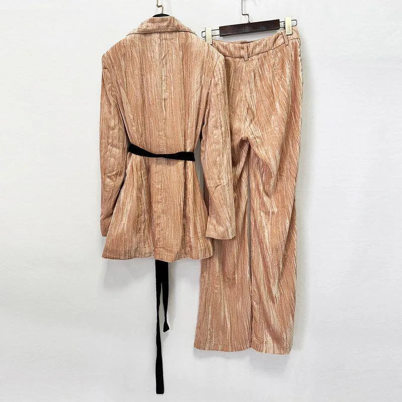 Women's Velvet Belted Blazer Jacket And Trousers Two-Piece Suit Set