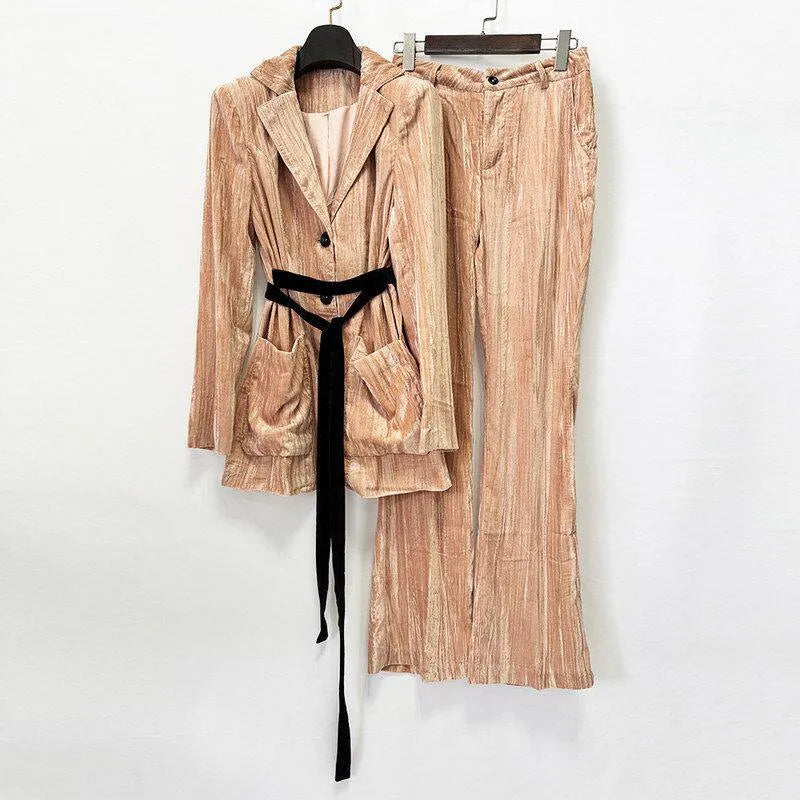 Women's Velvet Belted Blazer Jacket And Trousers Two-Piece Suit Set