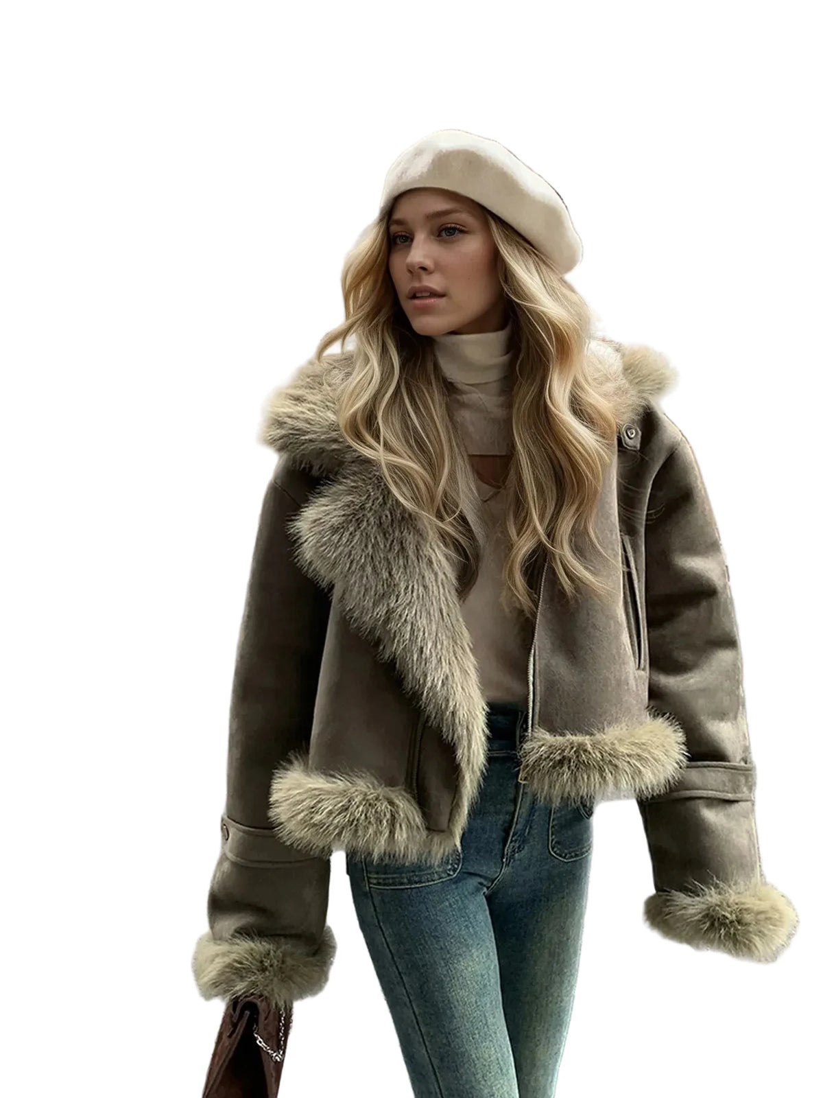 Women's Velvet Lapel Collar Short Winter Jacket