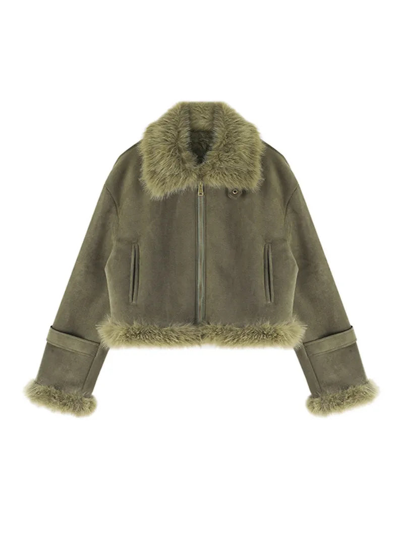 Women's Velvet Lapel Collar Short Winter Jacket