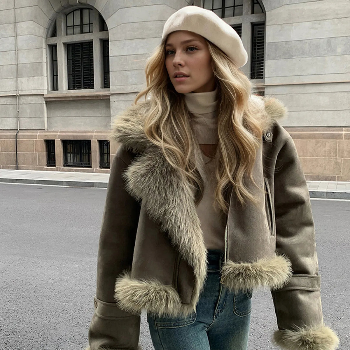Women's Velvet Lapel Collar Short Winter Jacket