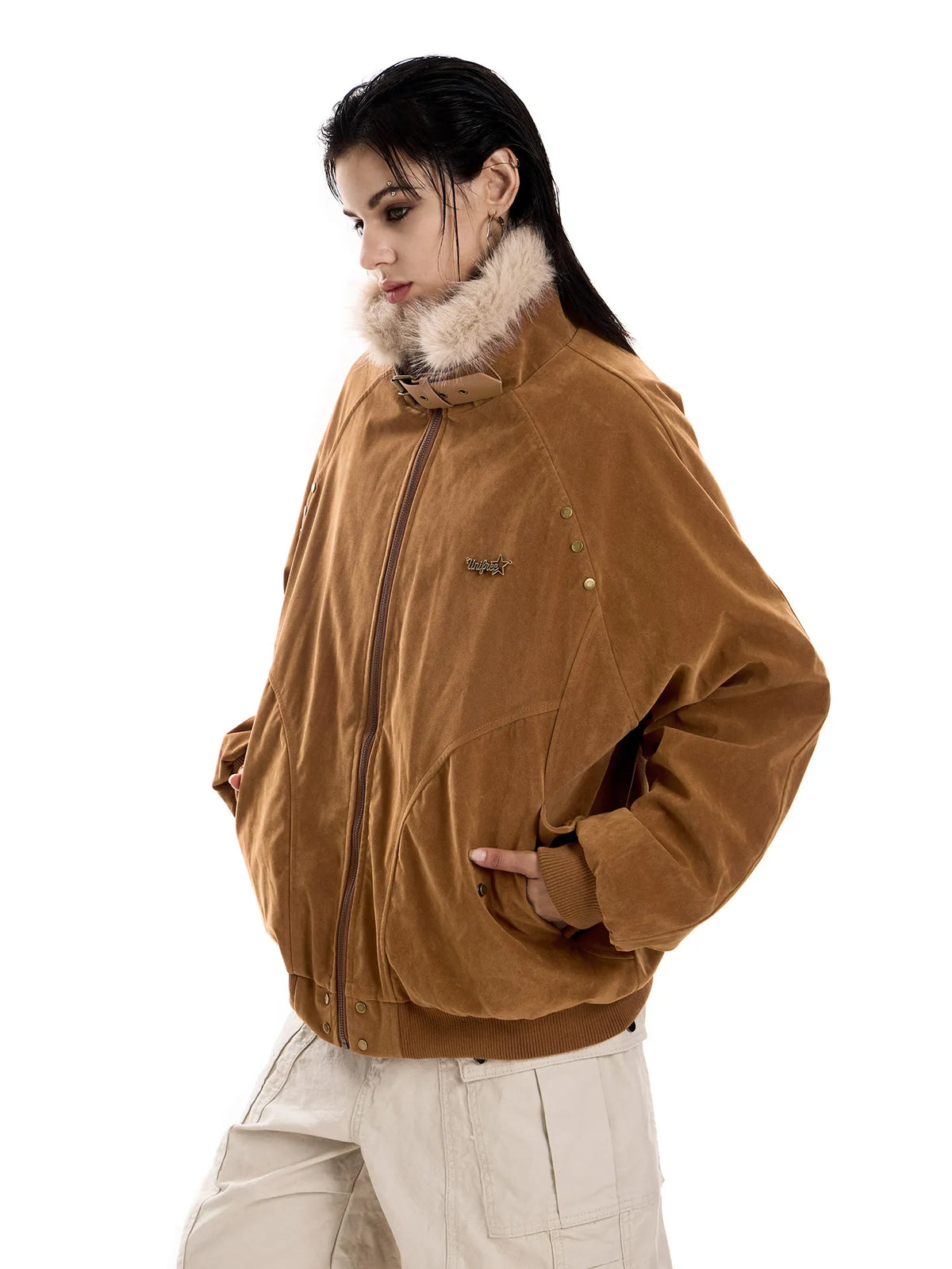 Women's Vintage Fleece Lined Stand Collar Workwear Jacket