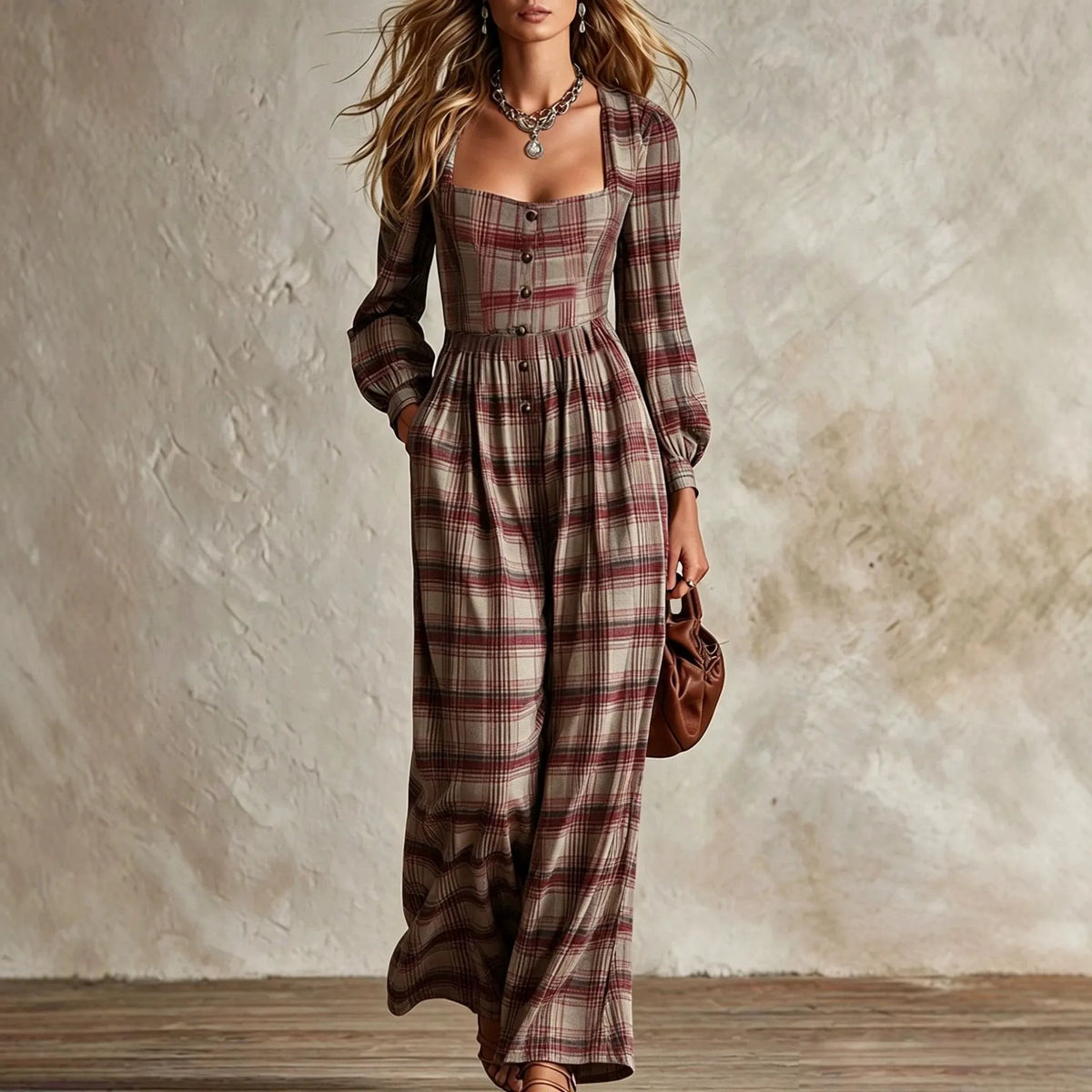 Women's Vintage Plaid Square Neck Wide Leg Jumpsuit
