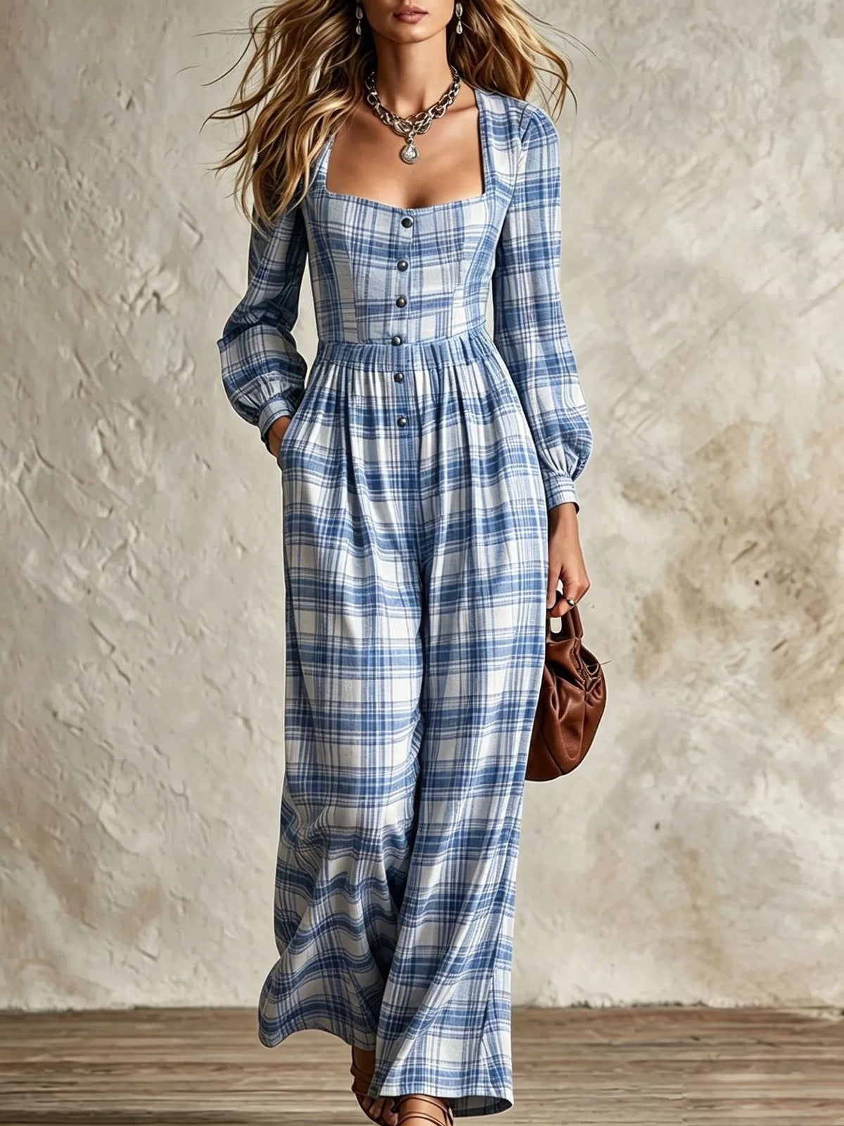 Women's Vintage Plaid Square Neck Wide Leg Jumpsuit