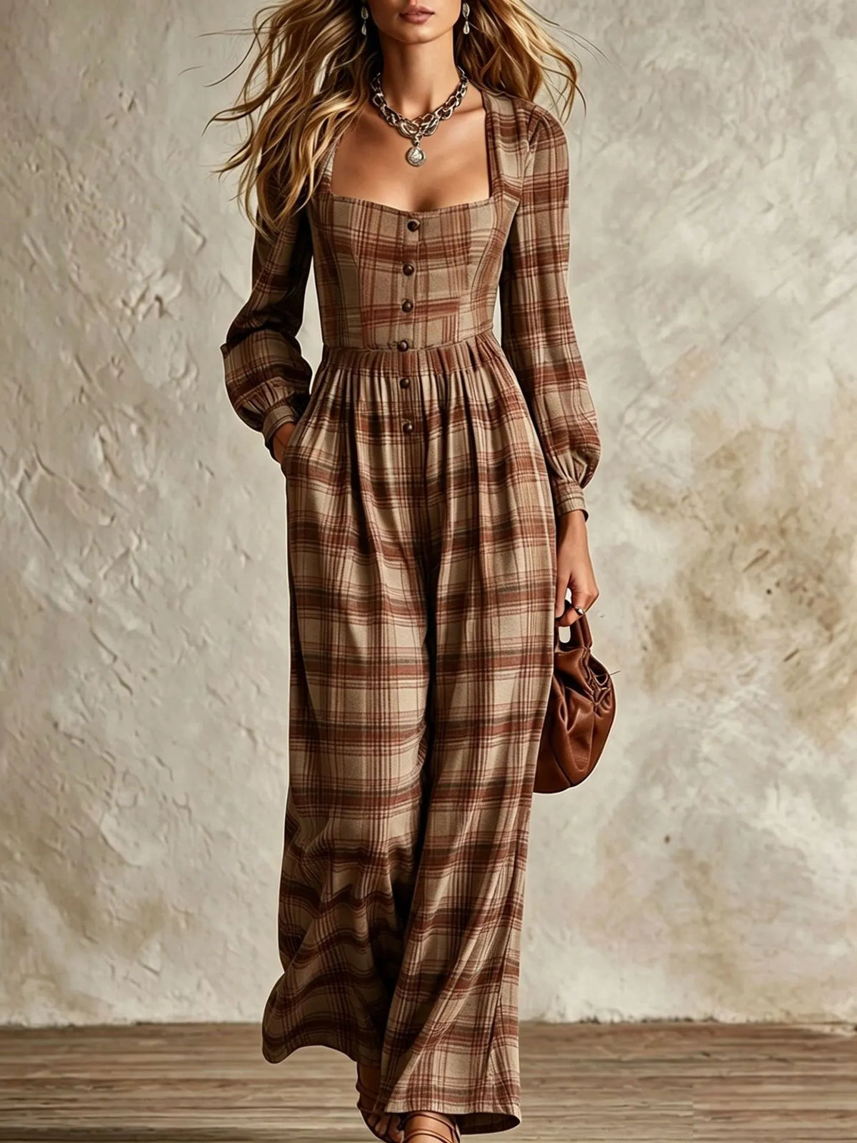 Women's Vintage Plaid Square Neck Wide Leg Jumpsuit