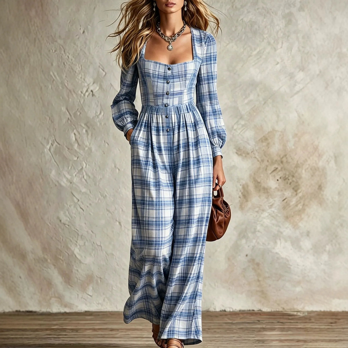 Women's Vintage Plaid Square Neck Wide Leg Jumpsuit