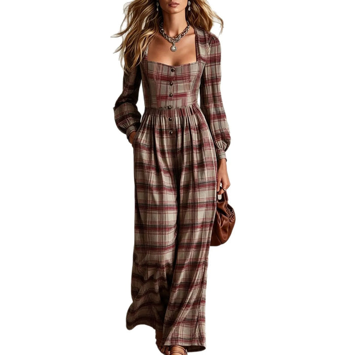 Women's Vintage Plaid Square Neck Wide Leg Jumpsuit