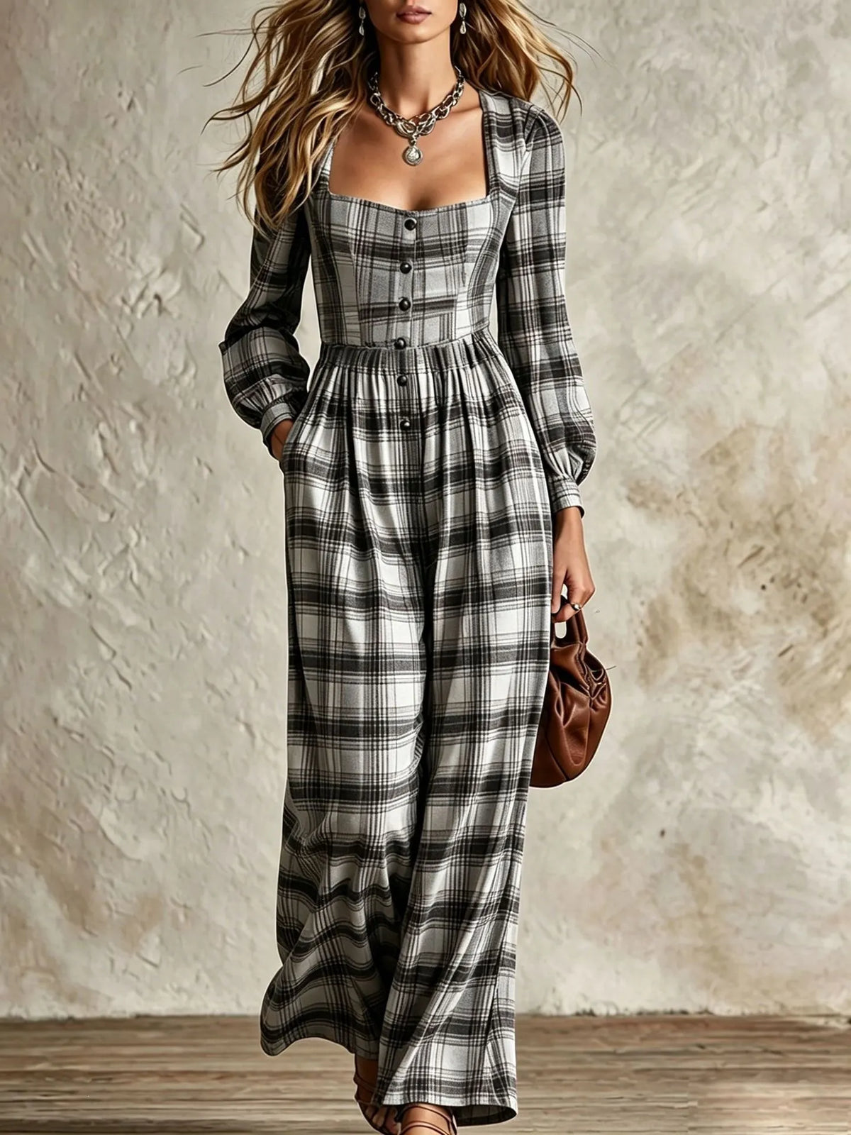 Women's Vintage Plaid Square Neck Wide Leg Jumpsuit