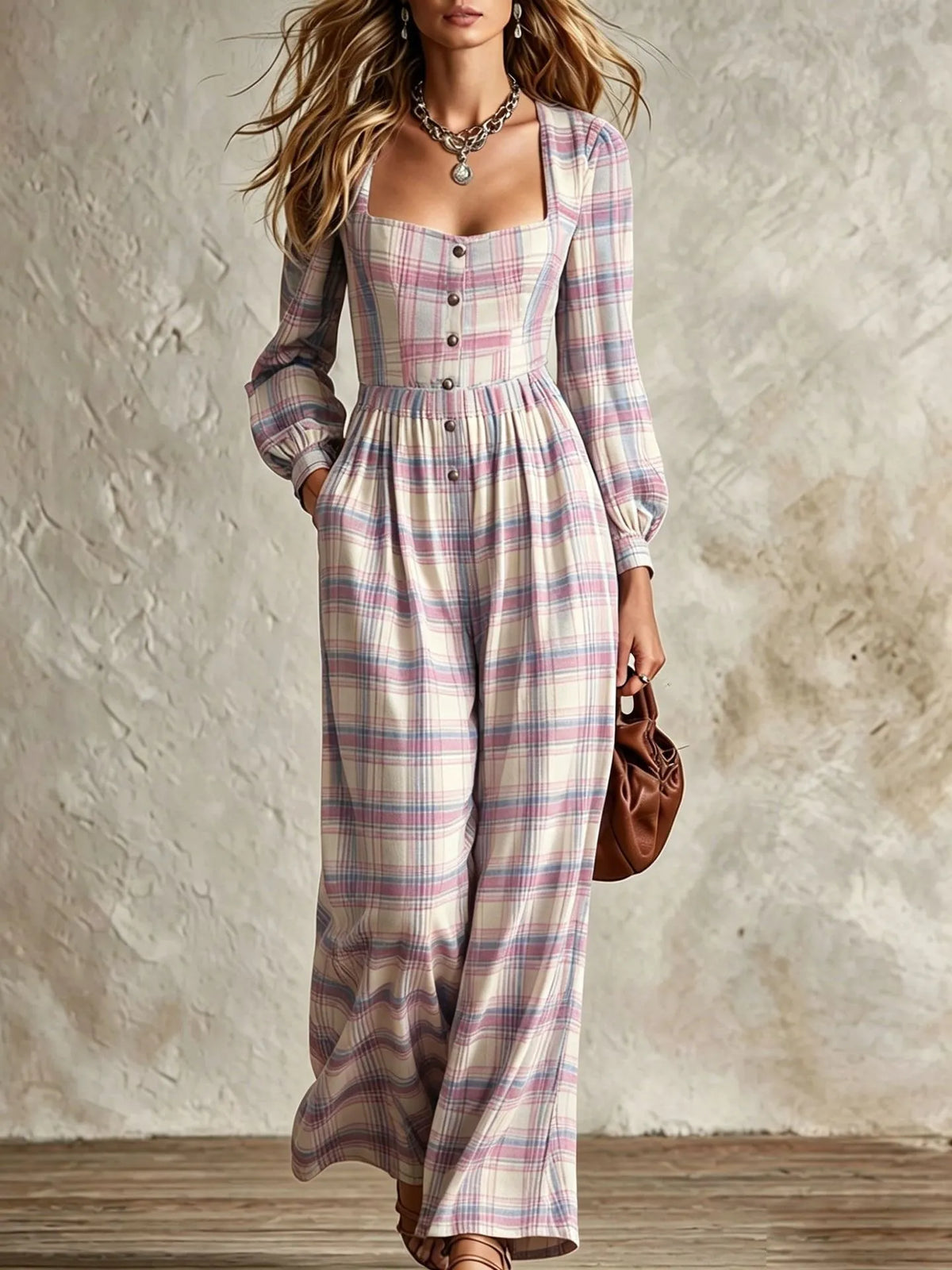 Women's Vintage Plaid Square Neck Wide Leg Jumpsuit