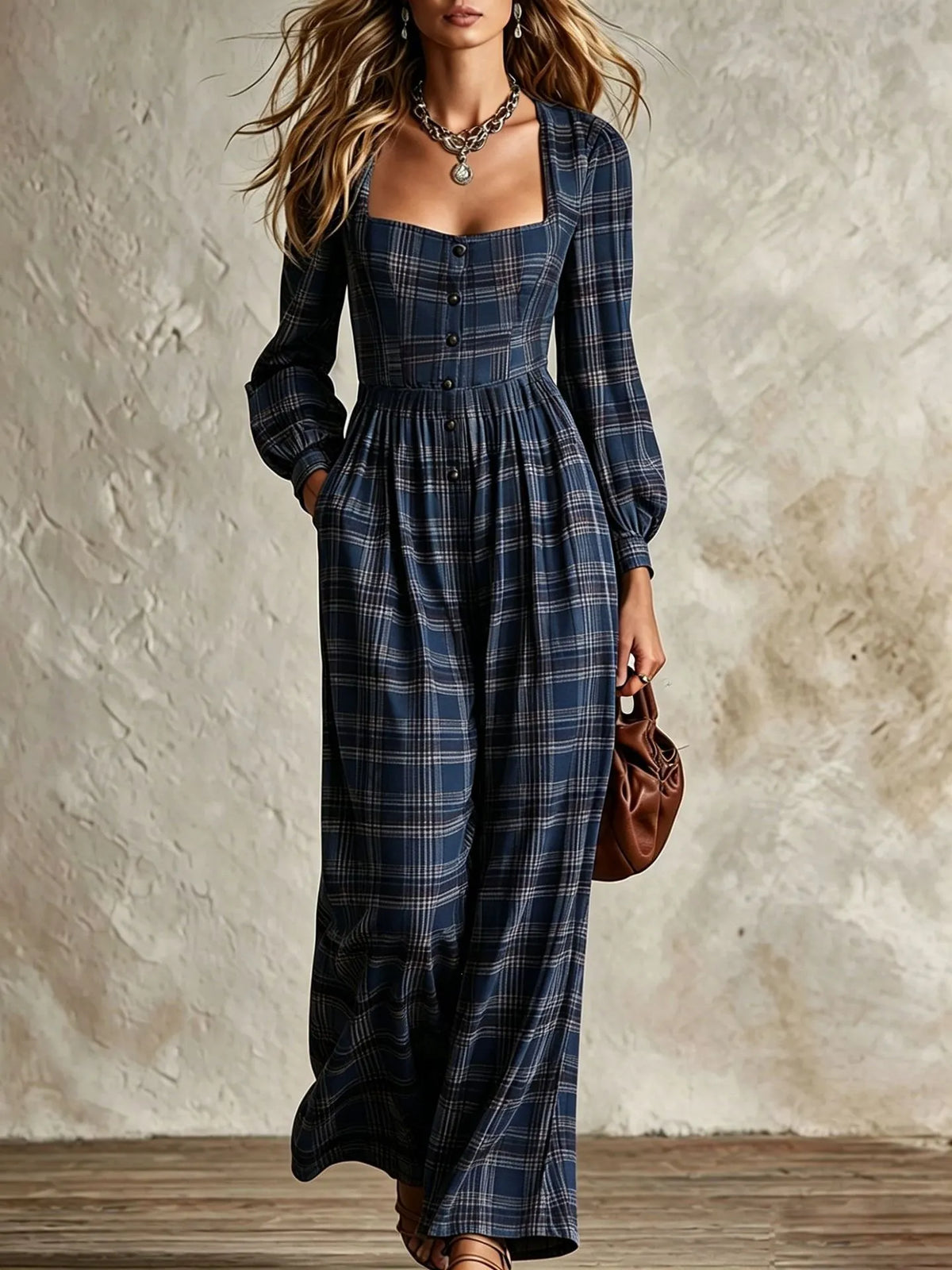 Women's Vintage Plaid Square Neck Wide Leg Jumpsuit