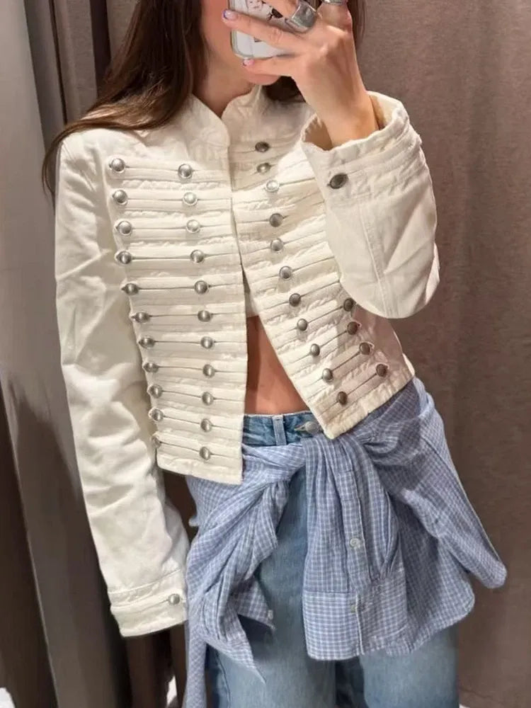 Women's Vintage Round Neck Slim Fit Denim Jacket