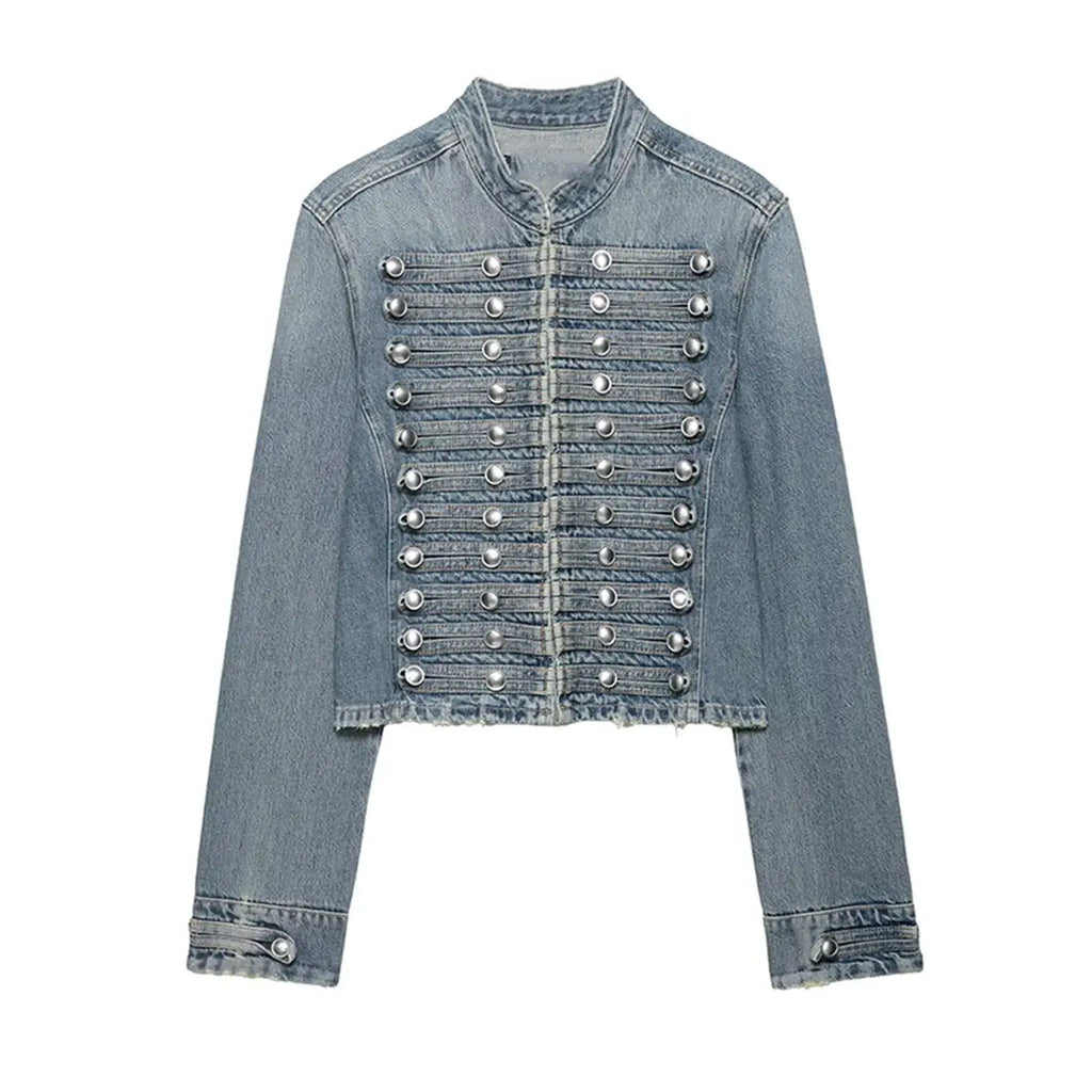 Women's Vintage Round Neck Slim Fit Denim Jacket