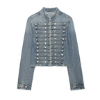 Women's Vintage Round Neck Slim Fit Denim Jacket