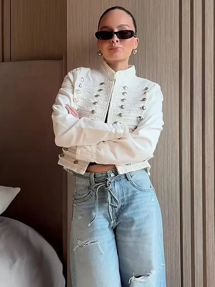 Women's Vintage Round Neck Slim Fit Denim Jacket