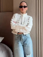 Women's Vintage Round Neck Slim Fit Denim Jacket