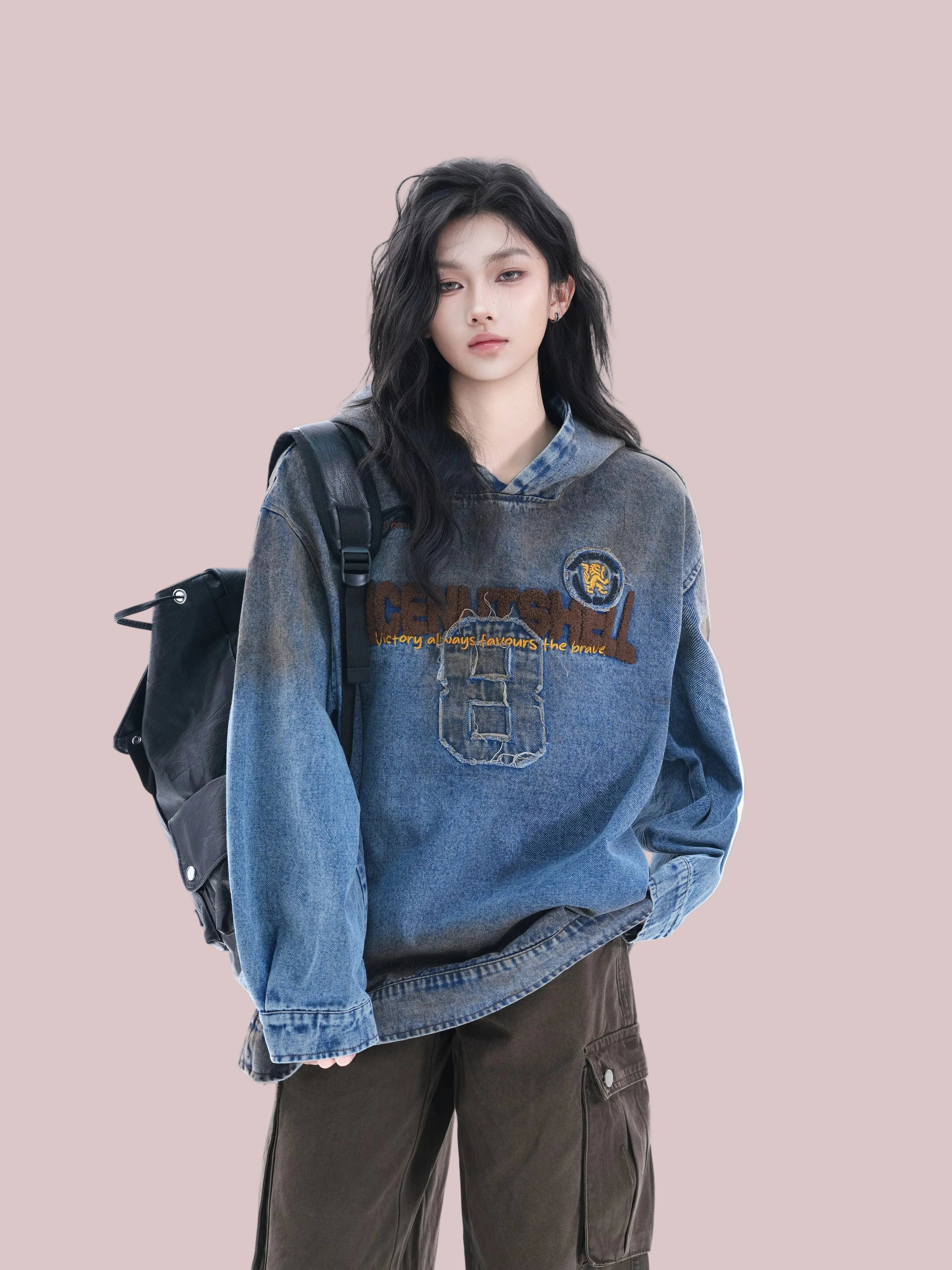 Women's Vintage Washed Flocked Letter Denim Hoodie