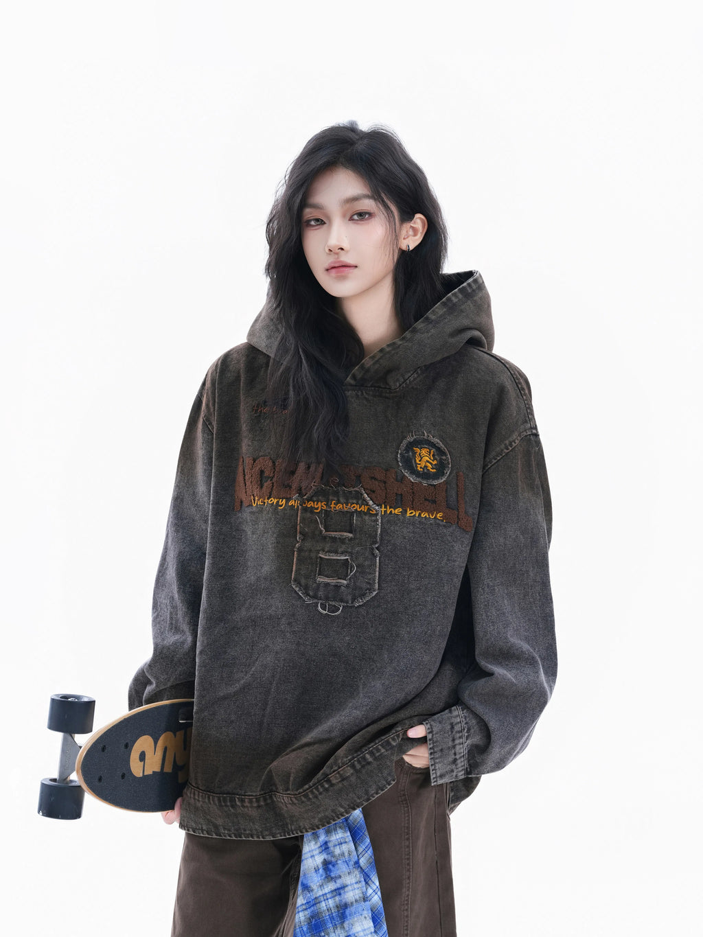 Women's Vintage Washed Flocked Letter Denim Hoodie
