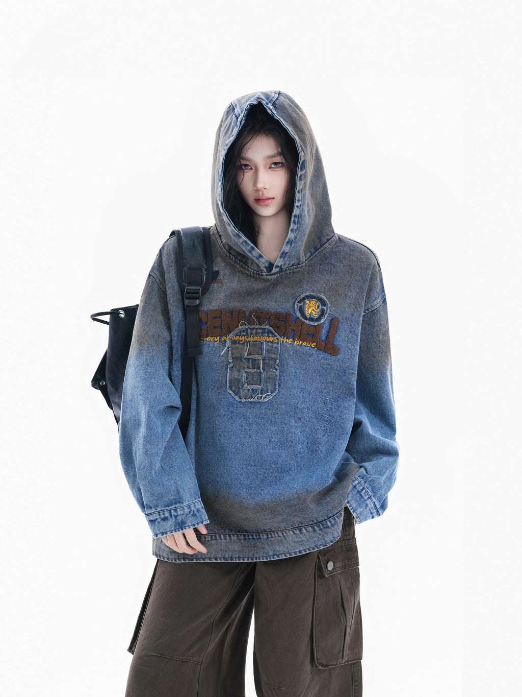 Women's Vintage Washed Flocked Letter Denim Hoodie